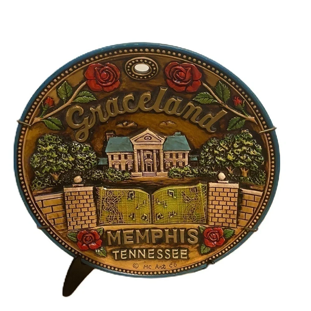 Vintage Graceland Memphis Tennessee Wooden Like Plate Chalkware Round Carved 3D